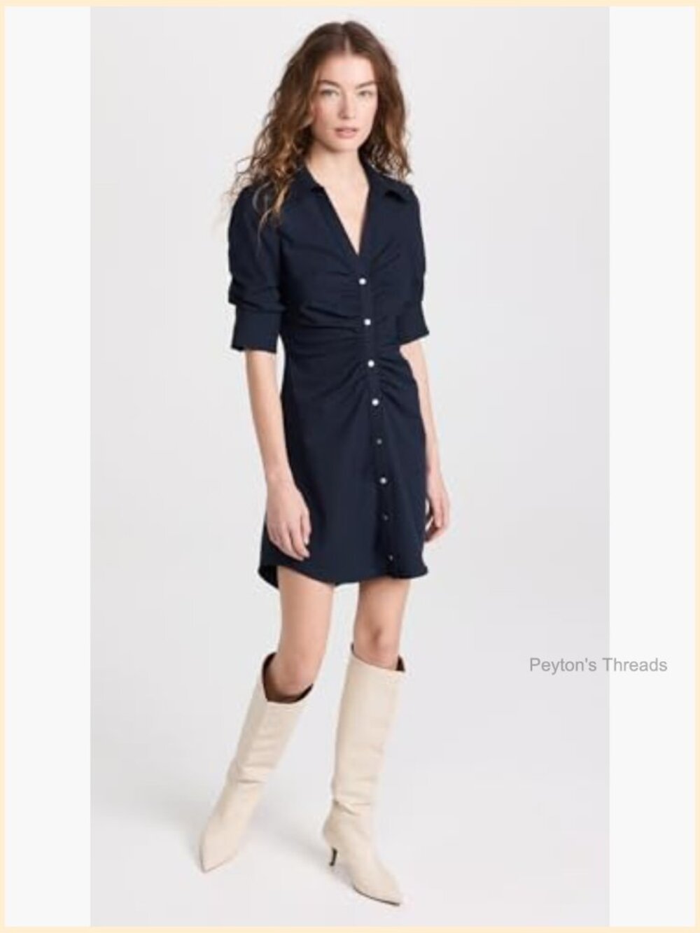Navy Sheath Dress with Button Front and Collar Neck, 3/4 Sleeve - Picture 5 of 6